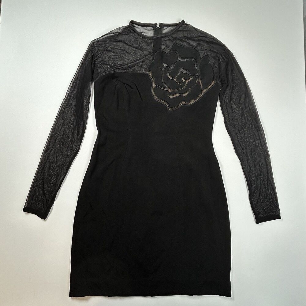 Vtg Caché Rose Applique Black Mesh Bodycon Mini Dress 80s 90s USA Made Size XS - Picture 8 of 15